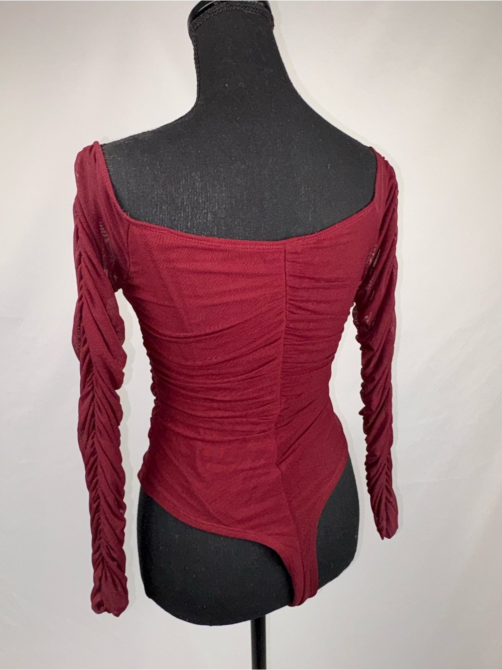 Burgundy bodysuit Deep V-neck Ruched Sheer Long-Sleeve - Picture 7 of 10